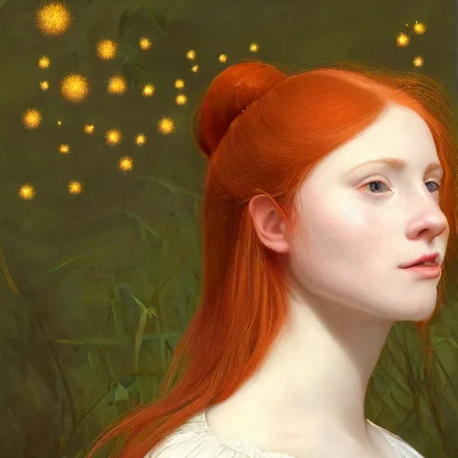 Image similar to portrait of a red haired girl, long hair, green eyes, hint of freckles, beautiful round face, soft amazed smiles, among golden fireflies, highly detailed, deep focus, elegant, digital painting, smooth, sharp focus, golden ratio, illustration, ultra realistic, 8 k, art by artemisia lomi gentileschi and elisabeth vigee le brun