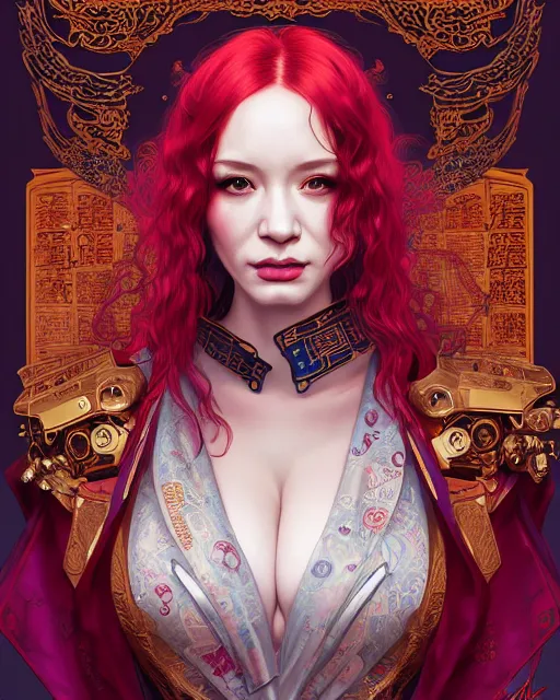 Image similar to portrait of christina hendricks cyberpunk machine, machine face, robed, upper half portrait, decorated with chinese opera motifs, regal, fine china, wuxia, traditional chinese art intricate intense elegant 京 剧 highly detailed digital painting artstation concept art smooth sharp focus illustration, art by artgerm and greg rutkowski alphonse mucha 8 k