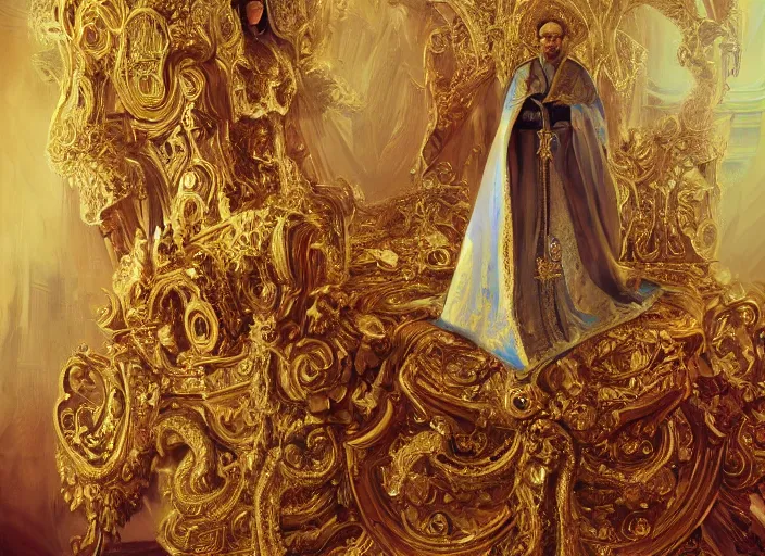 Image similar to kneeling before the pope, royal robe, gold trim, light effect, hyper detailed, intricate, atmospheric, elegant, photorealistic by paul lehr, marco mazzoni, featured on cgsociety, rococo, whimsical, artstation