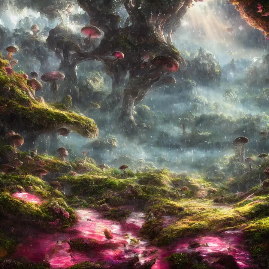 Prompt: incredibly detailed fantasy landscape of a valley with gigantic mushrooms and lichen, god rays, bokeh, raining, pink and blue color scheme, trending on artstation, 8k