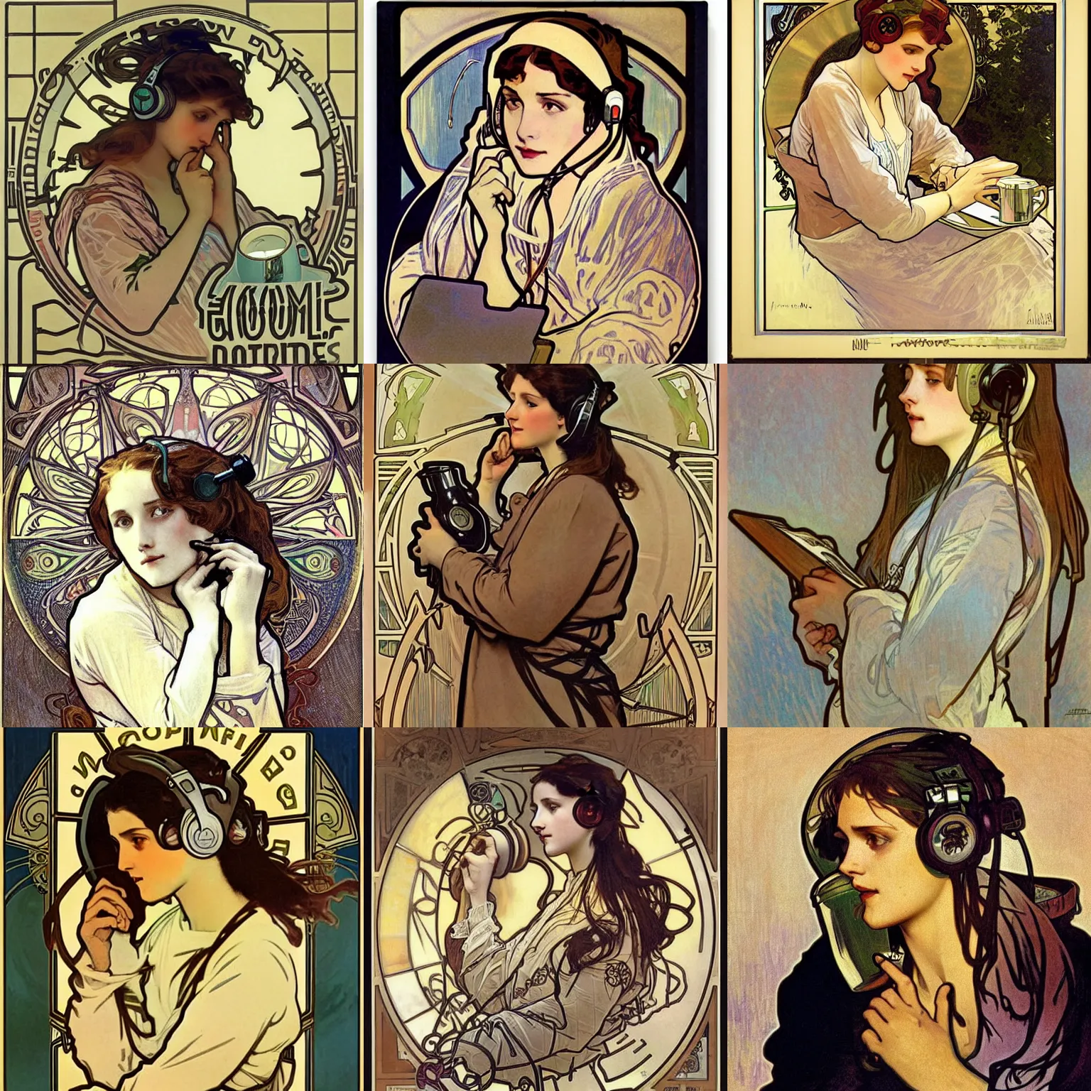 Prompt: good morning, by alphonse mucha 1 8 9 6. girl with big headphones and hoodie, laptop, hot coffee, window, sun