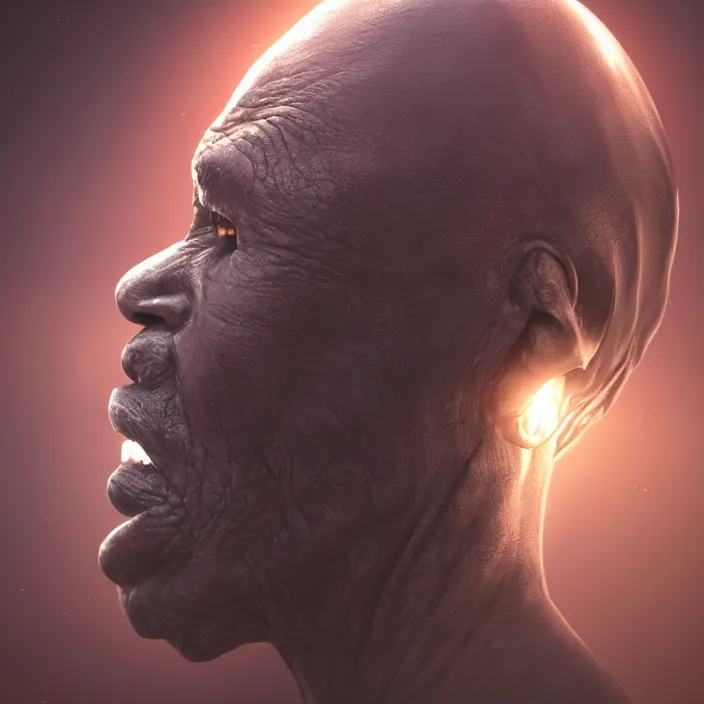 Image similar to a painting of a wise elder from Kenya. dramatic angle, ethereal lights, details, smooth, sharp focus, illustration, realistic, cinematic, artstation, award winning, rgb , unreal engine, octane render, cinematic light, macro, depth of field, blur, red light and clouds from the back, highly detailed epic cinematic concept art CG render made in Maya, Blender and Photoshop, octane render, excellent composition, dynamic dramatic cinematic lighting, aesthetic, very inspirational, arthouse.