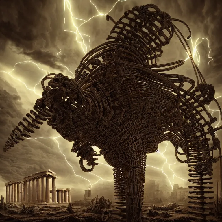 Prompt: ancient greek spine spinal statue covered with wires, surreal abandoned buildings, dark dramatic clouds with columns of light, dream-like heavy atmosphere, baroque painting, beautiful detailed intricate insanely detailed octane render trending on Artstation, 8K artistic photography, photorealistic, dramatic volumetric cinematic light, chiaroscuro, Raphael, Caravaggio, Beksinski, Giger