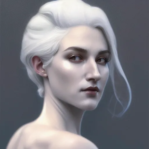 Image similar to white haired aristocrat, bust portrait, gentle, solemn face, cloth, female, city landscape, d & d, fantasy, intricate, elegant, digital painting, white grey color palette, artstation, octane render, concept art, matte, sharp focus, illustration, herrarthstone, art by artgerm and greg rutkowski and alphonse mucha