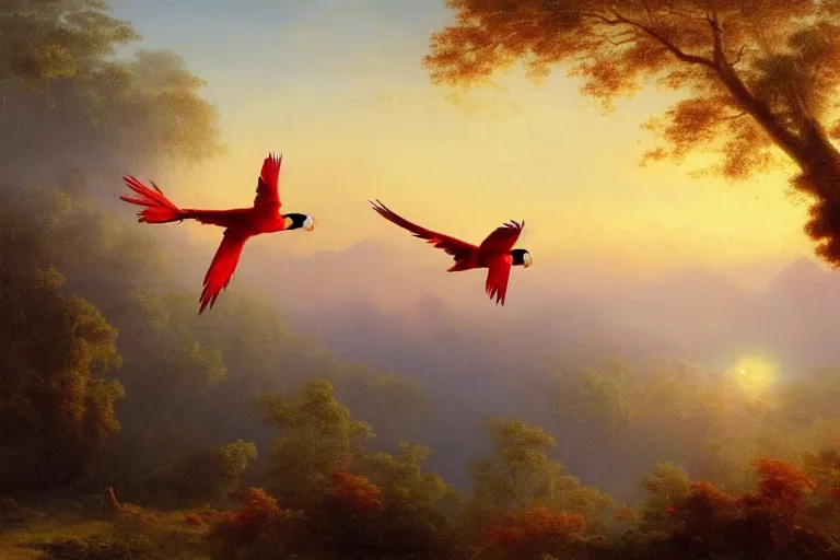 Image similar to gorgeous scarlet macaws flying at beautiful sunset in the distance through the forest, jungle mountains in the background, highly detailed, trending on art station, very detailed birds, art y ivan aivazovsky