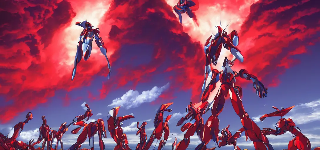 Image similar to evangelion angels destroying earth, third impact, high definition, retro, wide shot, digital art, anime, devinart, artstation