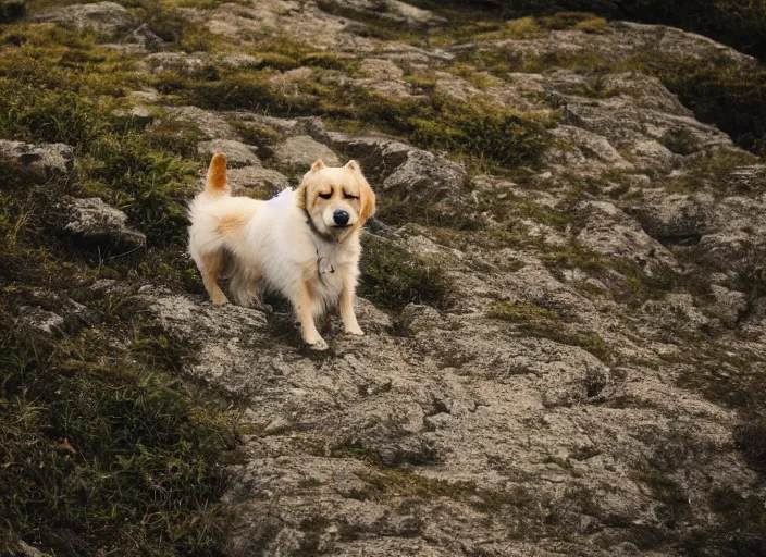 Prompt: a photograph of a dog on a mountain, rule of thirds