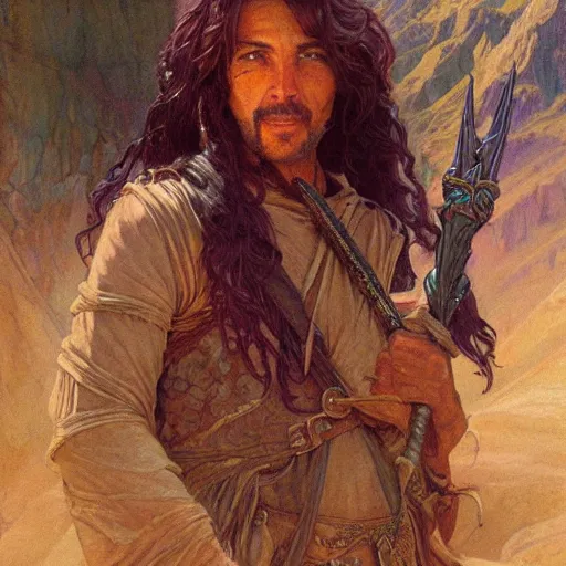 Image similar to Kethlan the elven desert bandit. Hidden ruins. Epic portrait by james gurney and Alfonso mucha.