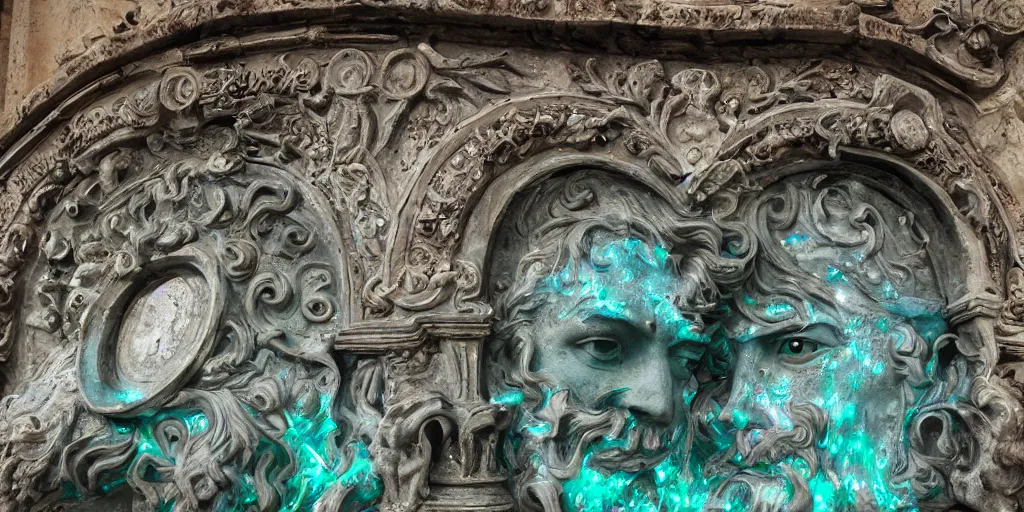 Image similar to Fontana delle Tette 1559-1560 glowpaint, rebirth symbolism, wide angle, cinematic atmosphere, elaborate, UV, Blacklight, highly detailed, dramatic lighting