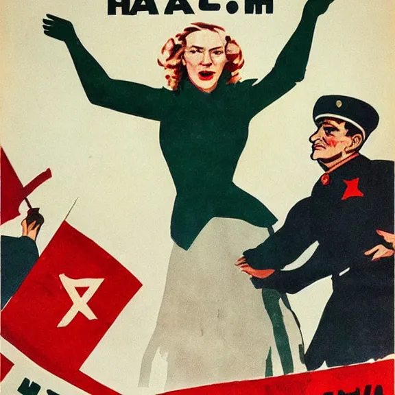 Image similar to soviet propaganda poster with cate blanchett calling on the world community to fight against Nazism, Ultra Detailed, high resolution, soviet realism