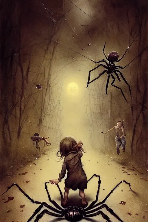 Image similar to screaming kids running away from huge spider | esoteric symbolism | jean - baptiste monge, esao andrews, bastien lecouffe - deharme, tim jacobus, ken currie | ultra - detailed realism, soft cinematic lighting, hi - fructose, artstation, high - quality, ink watercolors wes anderson poster art