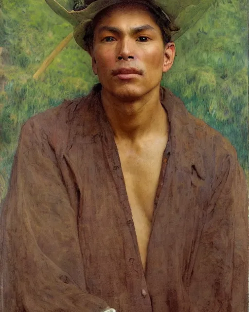 Prompt: peruvian man, portrait painting by richard schmid, edgar maxence, kehinde wiley, thomas moran, maxfield parrish, studio ghibli, loish, alphonse mucha, fashion photography