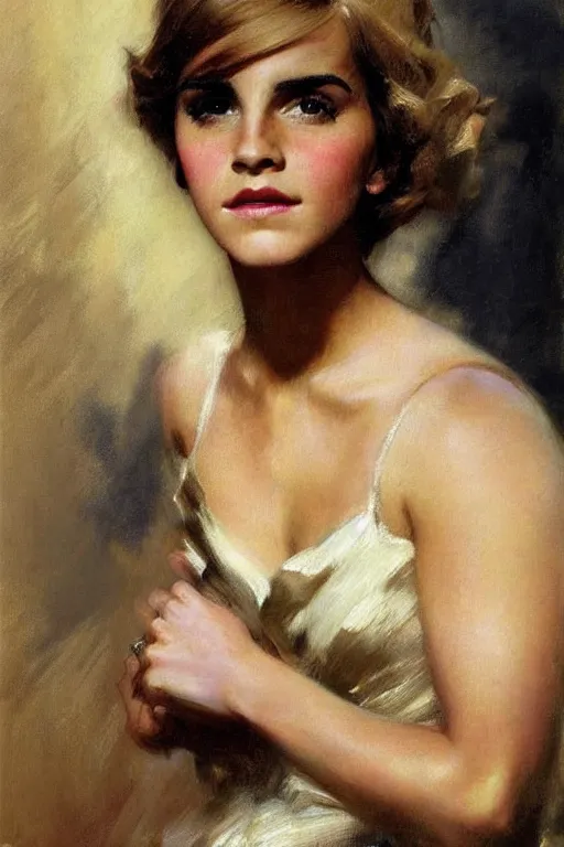 Image similar to detailed portrait of a beautiful emma watson 1 9 6 0 s hairstyle muscular, painting by gaston bussiere, craig mullins, j. c. leyendecker