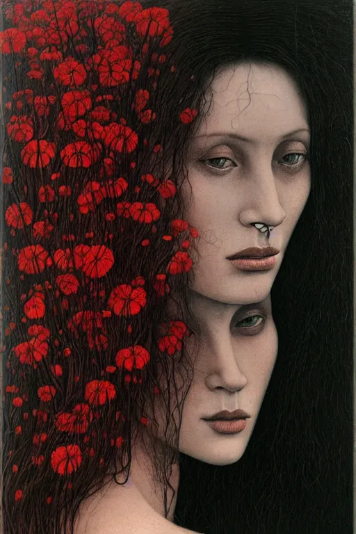 Image similar to portrait of a woman, with long red hair, tattooed face, with black flowers, realistic, by zdzisław beksiński