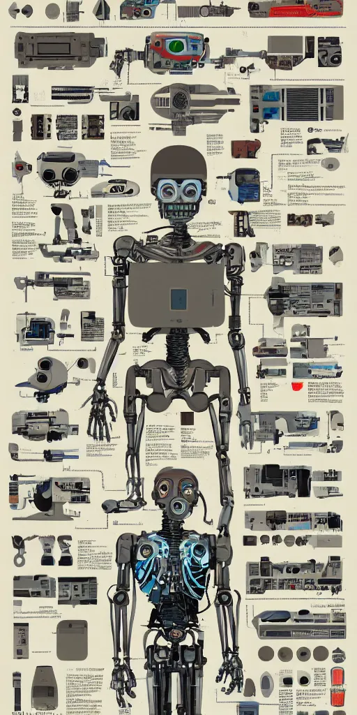 Prompt: anatomy of the terminator, robot, cyborg, t100, diagrams, infographic by Wes Anderson and victo ngai