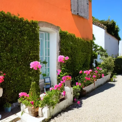 Image similar to ile de re house with a garden full of tremiere rose, two stores, white walls, orange roof