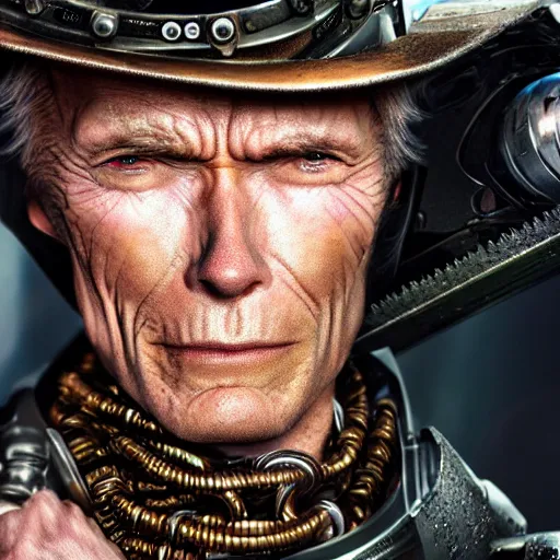 Prompt: clint eastwood steampunk cyborg, fantasy, sharp focus, contemporary fashion shoot, by edward robert hughes, annie leibovitz and steve mccurry, david lazar, jimmy nelsson, extremely detailed, hyperrealistic, perfect face, octane render