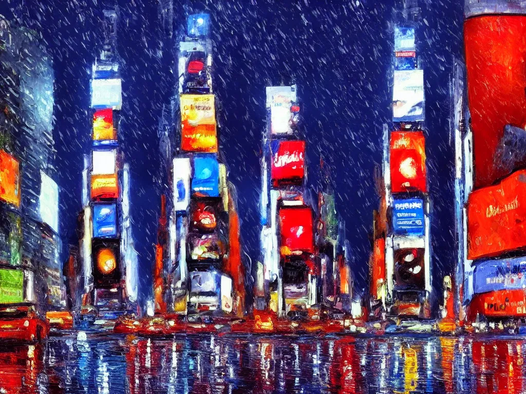 Prompt: Times Square on a rainy night, street perspective, oil painting, in the style of Claude Monet, Impressionism, thick brush strokes, vivid colors, breathtaking, masterpiece