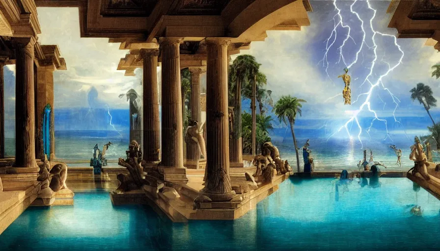 Image similar to A pool inside the giant Palace, mediterranean balustrade and columns, refracted lines and sparkles, thunderstorm, greek pool, beach and Tropical vegetation on the background major arcana sky and occult symbols, by paul delaroche, hyperrealistic 4k uhd, award-winning, very detailed paradise