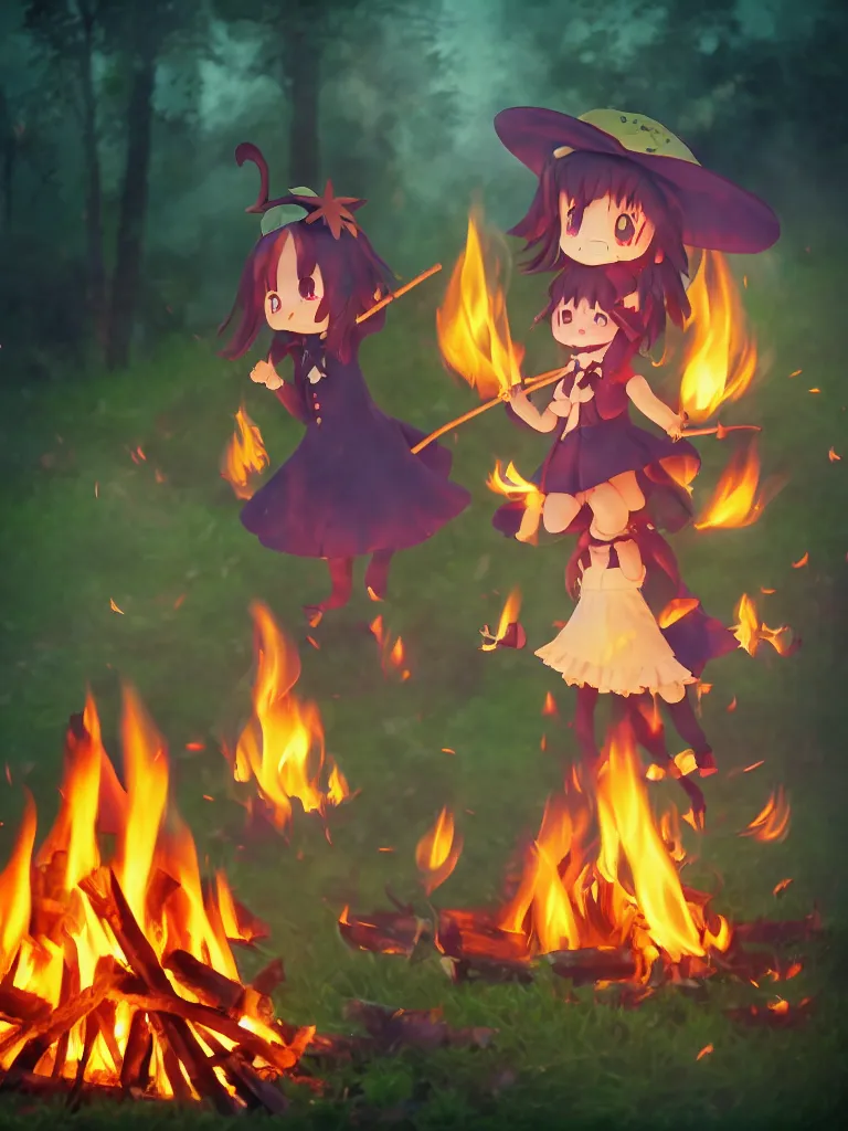 Image similar to cute fumo plush manic happy witch pyromaniac girl giddily starting a huge bonfire in the forest, anime, burning flames, warm glow and volumetric smoke vortices, rule of thirds composition, vignette, vray