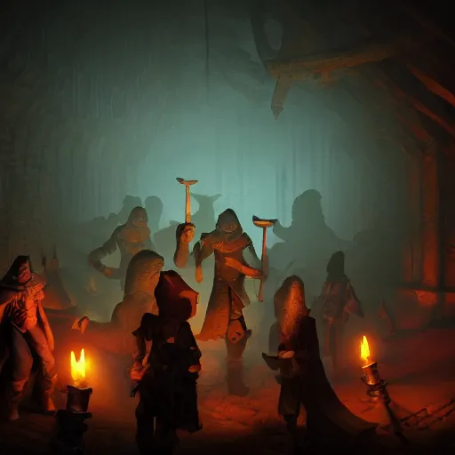 Image similar to A group of adventurers, in a dark dungeon, with torches, digital painting, concept art, dungeon, volumetric lighting, glow, Unreal Engine, 4k, by Jeszika Le Vye