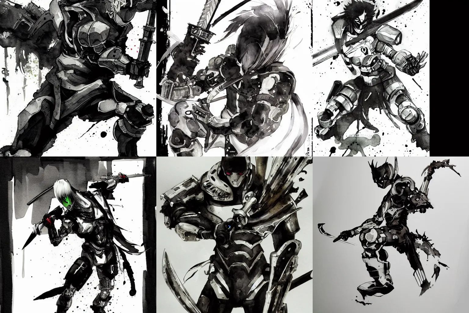 Prompt: black and white watercolor painting of a cyborg ninja character art with a futuristic sword slicing an apple in half in the style of yoji shinkawa