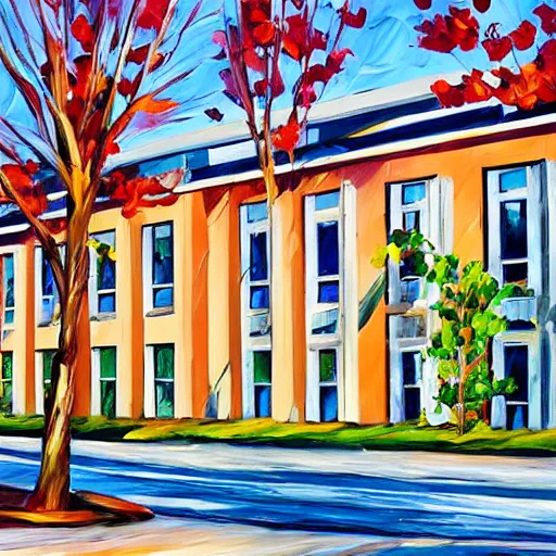 Image similar to young building, camosun college, in victoria bc, painted by leonid afremov