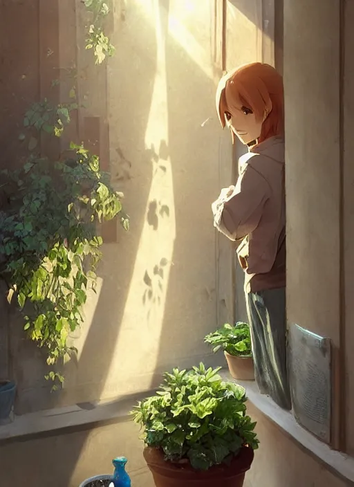 Image similar to a flow in a clay pot on a window sill. sunbeams, atmospheric lighting. by makoto shinkai, stanley artgerm lau, wlop, rossdraws, james jean, andrei riabovitchev, marc simonetti, krenz cushart, sakimichan, d & d trending on artstation, digital art.