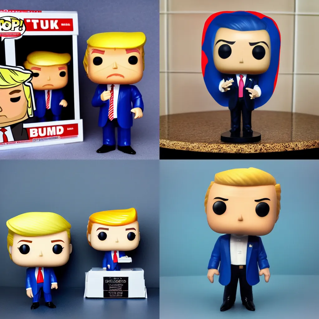 Prompt: funko pop! donald trump, blond hair, blue suit, single person, white background