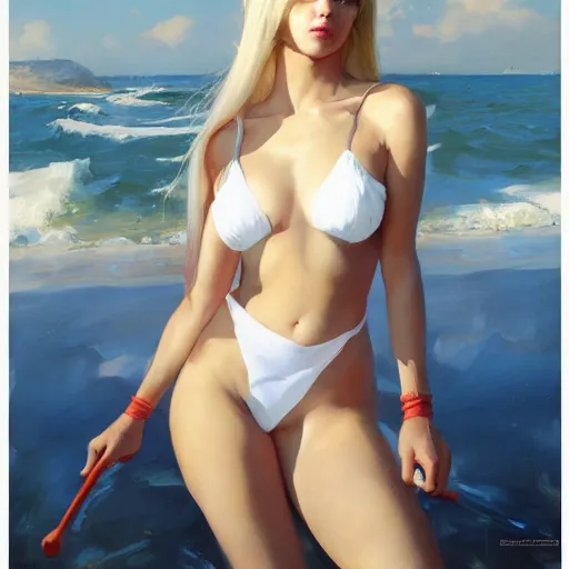 Prompt: greg manchess portrait painting of a 2 yorha type a no. 2 in a bikini, white long hair, organic painting, sunny day, matte painting, bold shapes, hard edges, street art, trending on artstation, by huang guangjian and gil elvgren and sachin teng