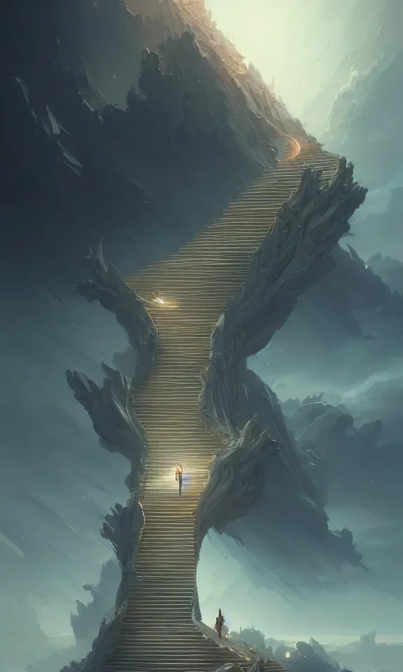 Image similar to endless stairs to universe, sky full of clouds, art by greg rutkowski and peter mohrbacher, featured in artstation, octane render, cinematic, elegant, intricate, ultra detailed, rule of thirds, professional lighting, unreal engine, fantasy, concept art, sharp focus, illustration, 8 k