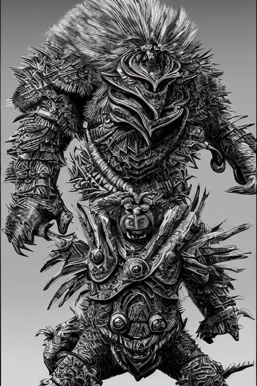 Image similar to armoured warrior baboon monster, symmetrical, highly detailed, digital art, plant themed armour, sharp focus, trending on art station, kentaro miura manga art style