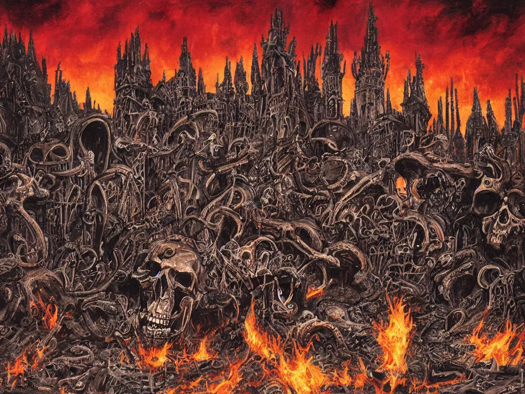 Prompt: pachuco bones, short sharp horns, hellish, skulls, gothic ribbed cathedral, pipes, lava, metal grates, oily, rusty, snakes, horns, spikes, rusty, oily, smoky, infernal city in the background, in the style of Olivia De Berardinis, Boris Vallejo, Frank Thorne