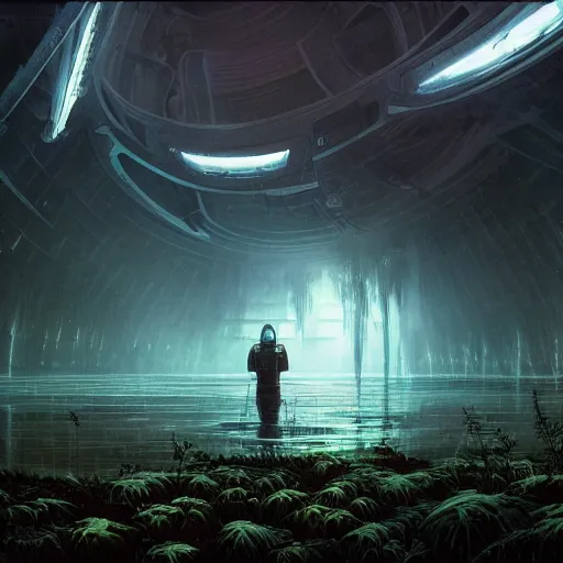 Prompt: Mattepainting an futuristic astronaut in an empty dark flooded ballroom overgrown with aquatic plants, by Noah Bradley and Andreas Rocha and Brian Sum and Makoto Shinkai. Dark and foreboding and scary atmosphere