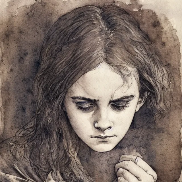 Prompt: a detailed, intricate watercolor and ink portrait illustration with fine lines of tearful, sad young 1 4 year old emma watson, crying face contorted with grief, by arthur rackham and edmund dulac and lisbeth zwerger