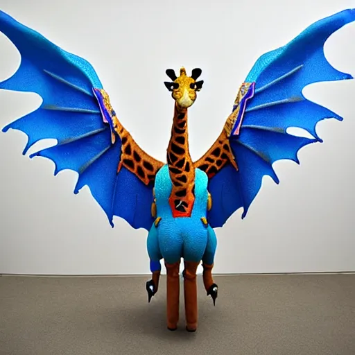 Image similar to giraffe with big blue feathered dragon wings on its back, full body shot, wings, by studio ghibli