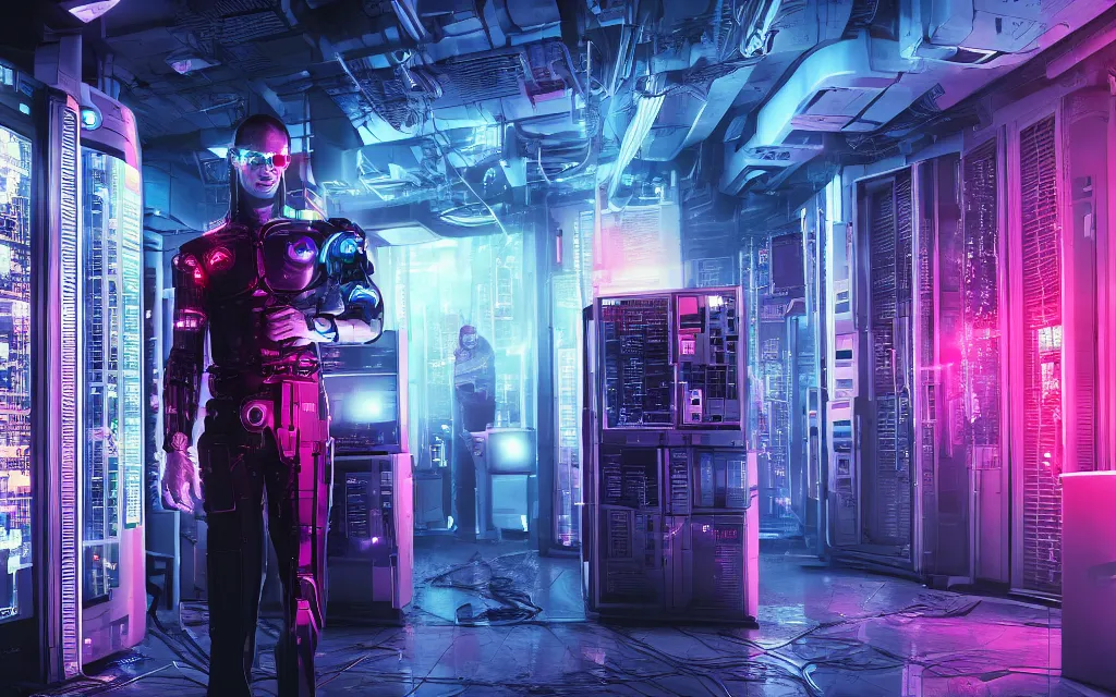 Image similar to cyborg in data center style cyberpunk retrowave william ford gibson high quality photoshot widescreen