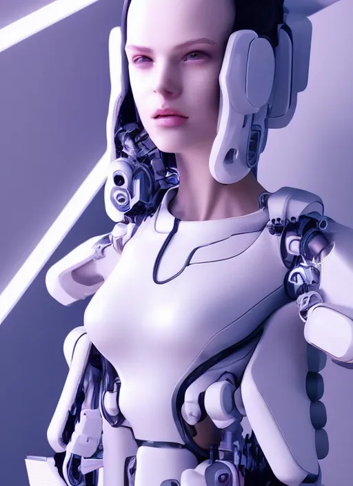 Image similar to white one cast futuristic biomechanics futuristic humanoid, pretty face, beautiful female, futuristic, neon lights, cyberpunk, 8 k, digital painting, by beeple and makoto shinkai, trending on cg society, glamour pose, high fashion, photorealistic, hyper realistic, environmental portrait, ambient occlusion render