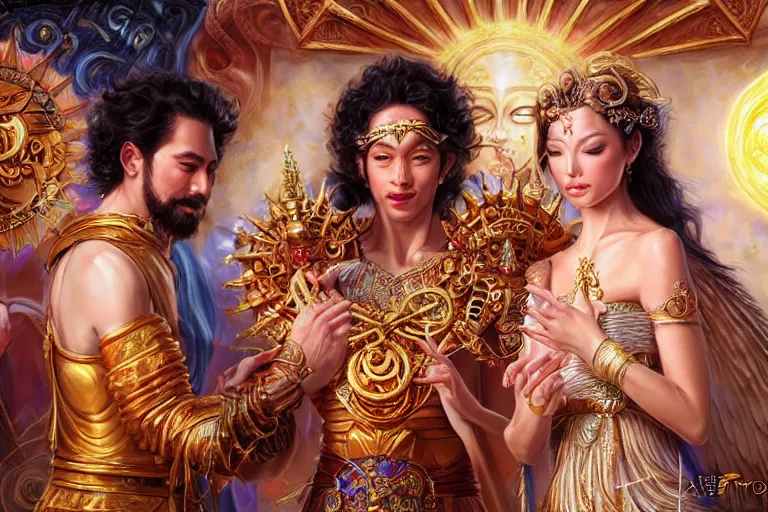 Image similar to close up moment of a divine a sun god and a moon goddess lovers magician at a wedding banquet, highly detailed, d & d, fantasy, highly detailed, digital painting, trending on artstation, concept art, sharp focus, asian feature, illustration, art by artgerm and daniel gerhartz and magali villeneuve