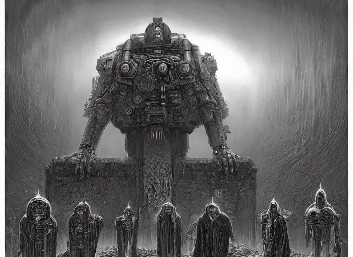 Prompt: an epic potrait of knowledge seeking cloaked tech priest, Adeptus Mechanicus, cybernetic enhancements, praise the omnissaiah, Zdzislaw Beksinski, Lewis Jones, mattias adolfsson, Piranesi, Warhammer 40K!!, cold hue's on subject, warm tone gradient background, concept art