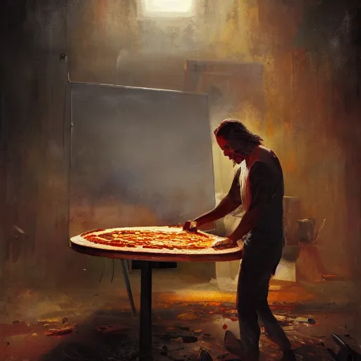 Image similar to a portrait of nick cave baking pizza, eerie colors, dramatic light, gorgeous view, depth, high detail, digital art, painted by greg rutkowski and seb mckinnon, trending on artstation