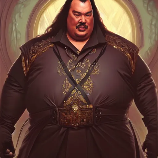 Image similar to Obese Steven Seagal, fantasy, intricate, elegant, highly detailed, digital painting, artstation, concept art, matte, sharp focus, illustration, art by Artgerm and Greg Rutkowski and Alphonse Mucha, and Simon Hennessey