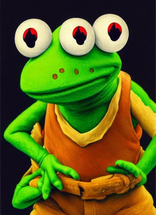 Image similar to portrait of Kermit the frog in Super Mario Bros (1993), highly detailed, centered, solid color background, digital painting, artstation, concept art, smooth, sharp focus, illustration, artgerm, donato giancola, Joseph Christian Leyendecker, Les Edwards, Ed Repka, WLOP, Artgerm
