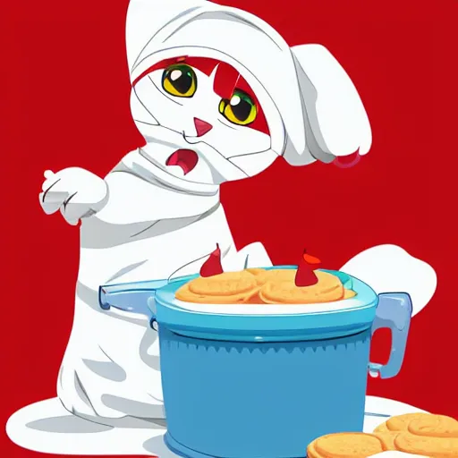 Image similar to vector art illustration, high definition, white background, of a silly cat baking cookies, in the style of anime