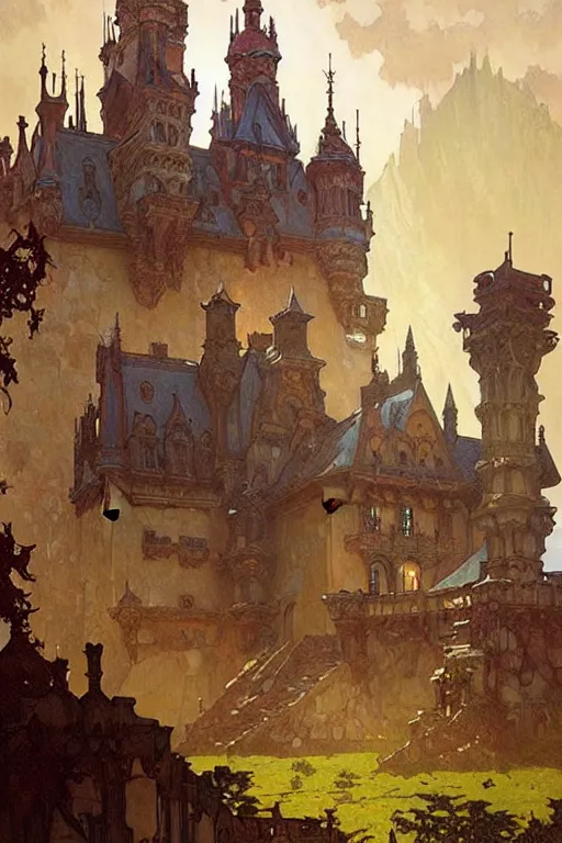 Prompt: An ancient castle, fantasy, painting by greg rutkowski and alphonse mucha