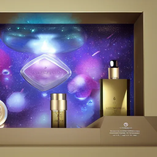 Image similar to perfume in galaxy gift box, highly detailed, concept art, realistic, octane render, unreal engine, up close shot