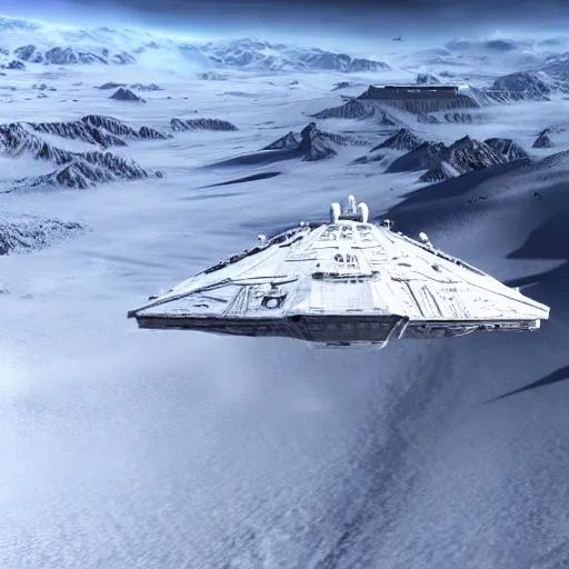 Prompt: star destroyer flying over snow from star wars movies, 4k ultra realistic, unreal engine 5 quality, trending on artstation