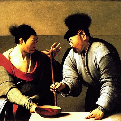 Prompt: traveler from the far east talking to a westerner, by caravaggio
