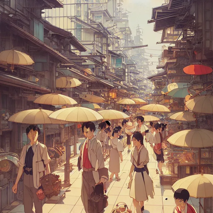 Image similar to japanese big city, summer, in the style of studio ghibli, j. c. leyendecker, greg rutkowski, artem