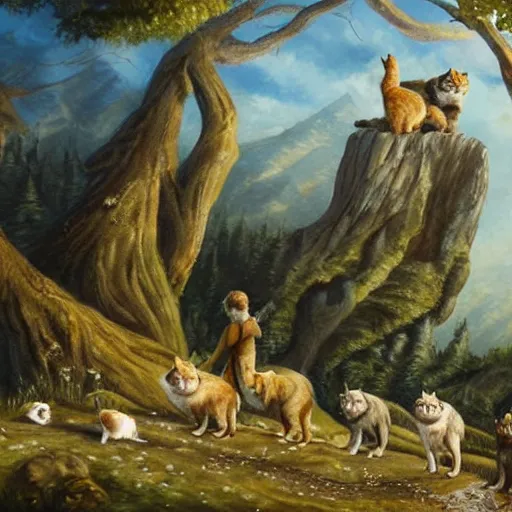 Image similar to a beautiful scenic painting of a group of adventurers cats